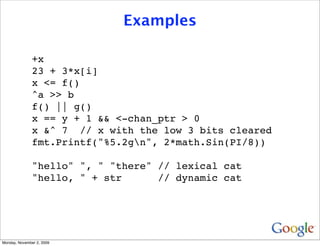 Examples

               +x
               23 + 3*x[i]
               x <= f()
               ^a >> b
               f() || g()
               x == y + 1 && <-chan_ptr > 0
               x &^ 7 // x with the low 3 bits cleared
               fmt.Printf("%5.2gn", 2*math.Sin(PI/8))

               "hello" ", " "there" // lexical cat
               "hello, " + str      // dynamic cat




Monday, November 2, 2009
 
