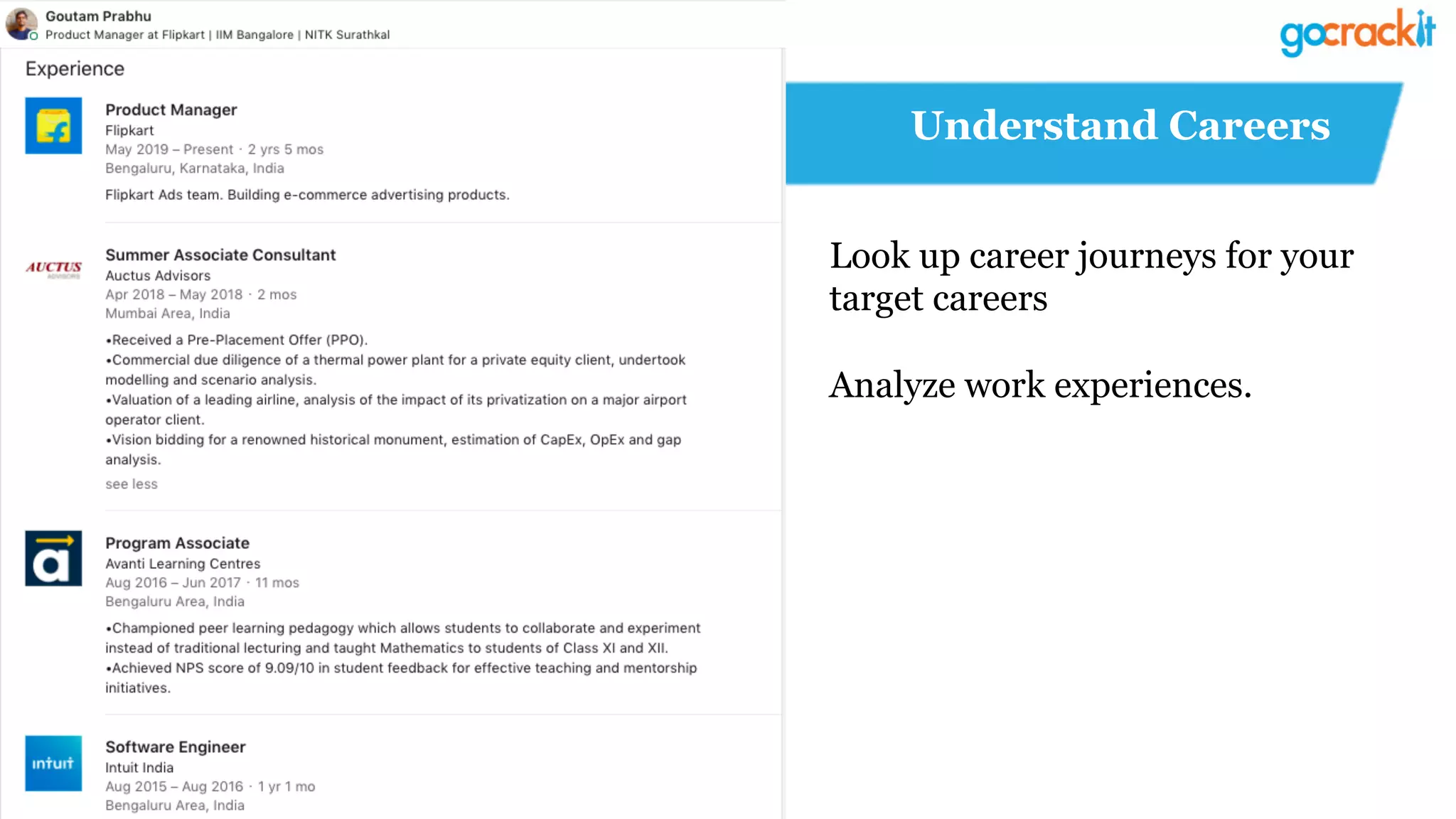 Understand Careers
Look up career journeys for your
target careers
Analyze work experiences.
 