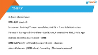 TMSAY
16 Years of experience
IIMA PGP 2006-08
Investment Banking (Transaction Advisory) at EY – Power & Infrastructure
Finance & Strategy Advisory Firm – Real Estate, Construction, F&B, Music App
Harvard Published Case Author – IIMB
IIMB WSP 2017 | GoCrackIt | Mentored 1000+ students
Alok – Cofounder | IIMB alum | Consulting | Mentored successes!
 