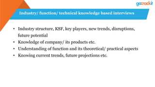 Industry/ function/ technical knowledge based interviews
•  Industry structure, KSF, key players, new trends, disruptions,
future potential
•  Knowledge of company/ its products etc.
•  Understanding of function and its theoretical/ practical aspects
•  Knowing current trends, future projections etc.
 