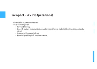 Genpact - AVP (Operations)
Let's refer to JD to understand
Key skills required
Service Delivery
Good & mature communication skills with different Stakeholders (most importantly
client)
Structured Problem Solving
Knowledge of Digital/ business trends
 