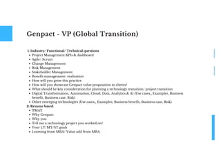 Genpact - VP (Global Transition)
Project Management KPIs & dashboard
Agile/ Scrum
Change Management
Risk Management
Stakeholder Management
Benefit management/ realisation
How will you grow this practice
How will you showcase Genpact value proposition to clients?
What should be key consideration for planning a technology transition/ project transition
Digital Transformation, Automation, Cloud, Data, Analytics & AI (Use cases,, Examples, Business
benefit, Business case, Risk)
Other emerging technologies (Use cases,, Examples, Business benefit, Business case, Risk)
TMAY
Why Genpact
Why you
Tell me a technology project you worked on?
Your LT/MT/ST goals
Learning from MBA/ Value add from MBA
1. Industry/ Functional/ Technical questions
2. Resume based
 