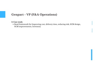 Genpact - VP (F&A Operations)
Read framework for Improving cost, delivery time, reducing risk, SCM design,
SCM improvements, Inventory
3. Case study
 