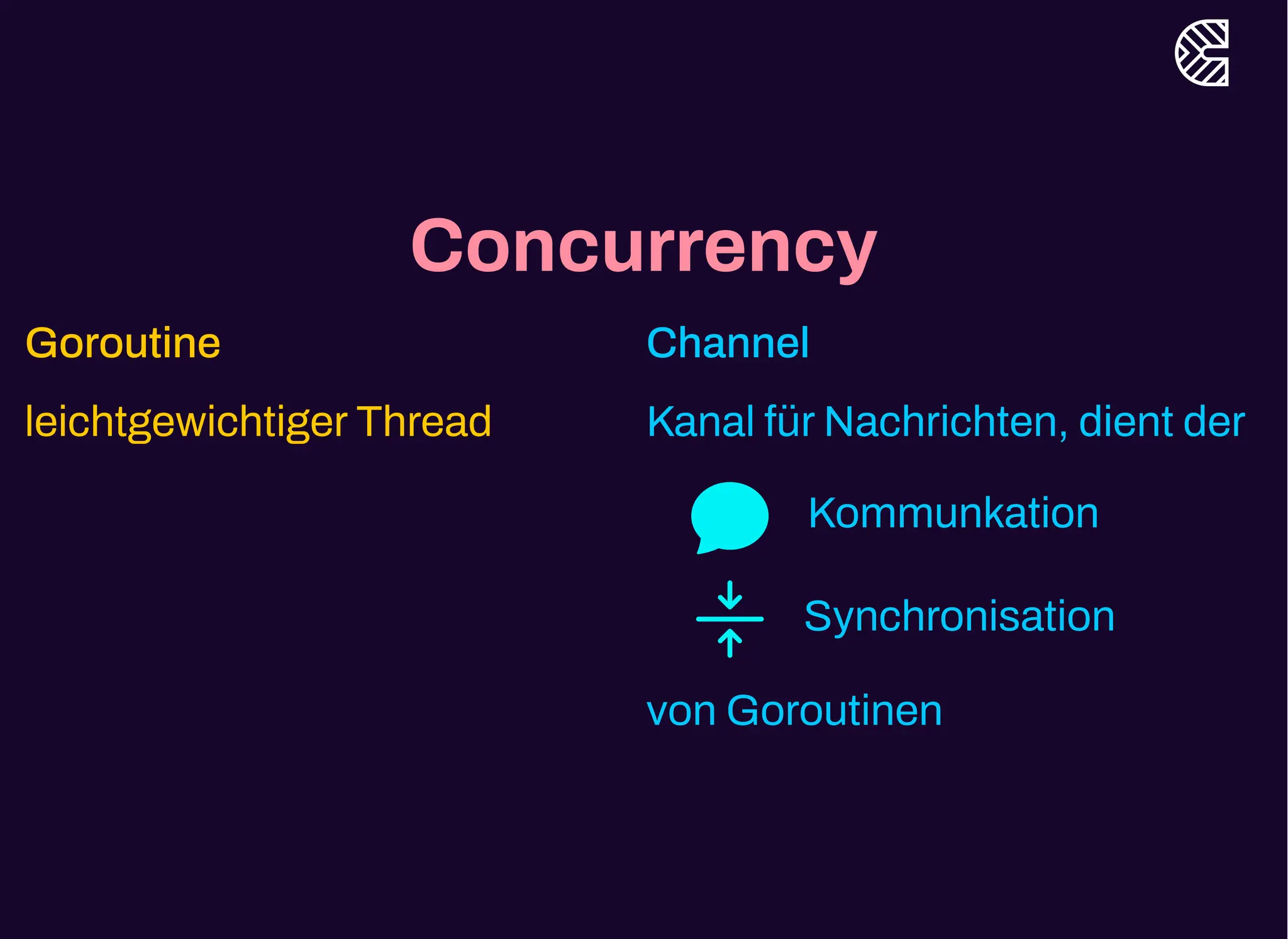 Concurrency
Goroutine
leichtgewichtigerThread
Channel
Kanal fürNachrichten, dient der
Kommunkation
Synchronisation
von Goroutinen
 