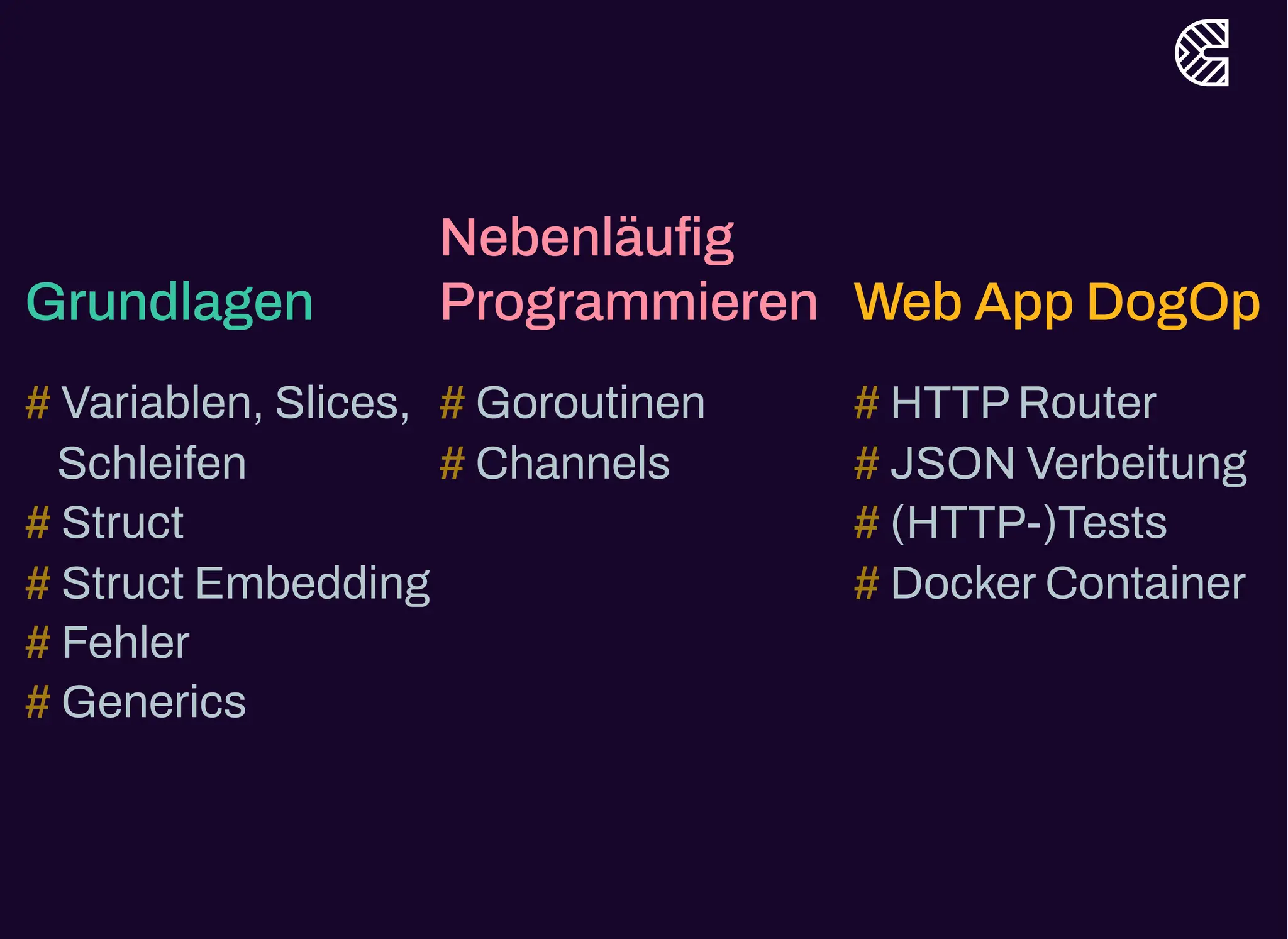 Grundlagen
Variablen, Slices,
Schleifen
Struct
Struct Embedding
Fehler
Generics
#
#
#
#
#
Nebenläufig
Programmieren
Goroutinen
Channels
#
#
Web App DogOp
HTTPRouter
JSON Verbeitung
(HTTP-)Tests
DockerContainer
#
#
#
#
 