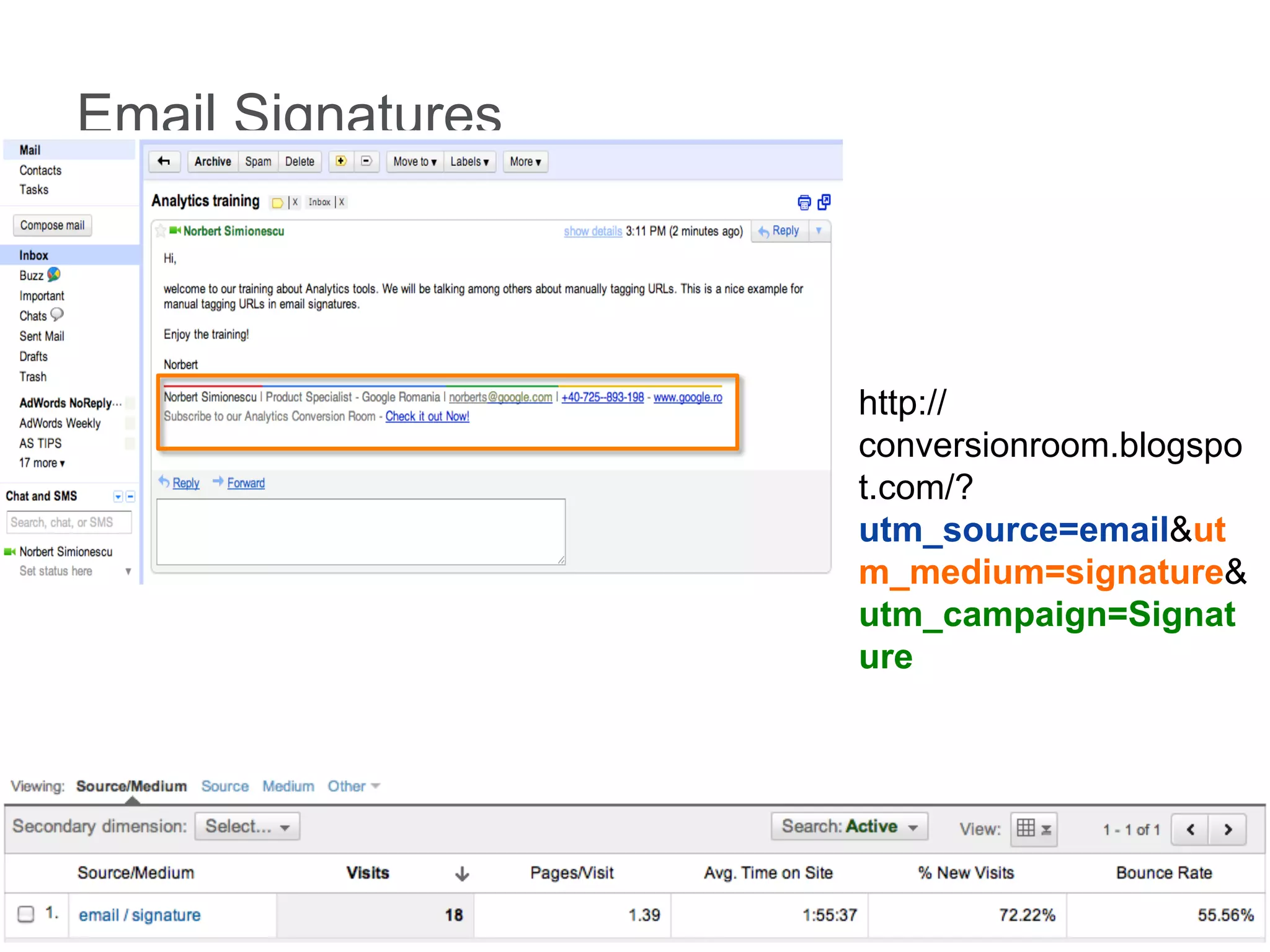 32 Google confidential
Email Signatures
http://
conversionroom.blogspo
t.com/?
utm_source=email&ut
m_medium=signature&
utm_campaign=Signat
ure
 