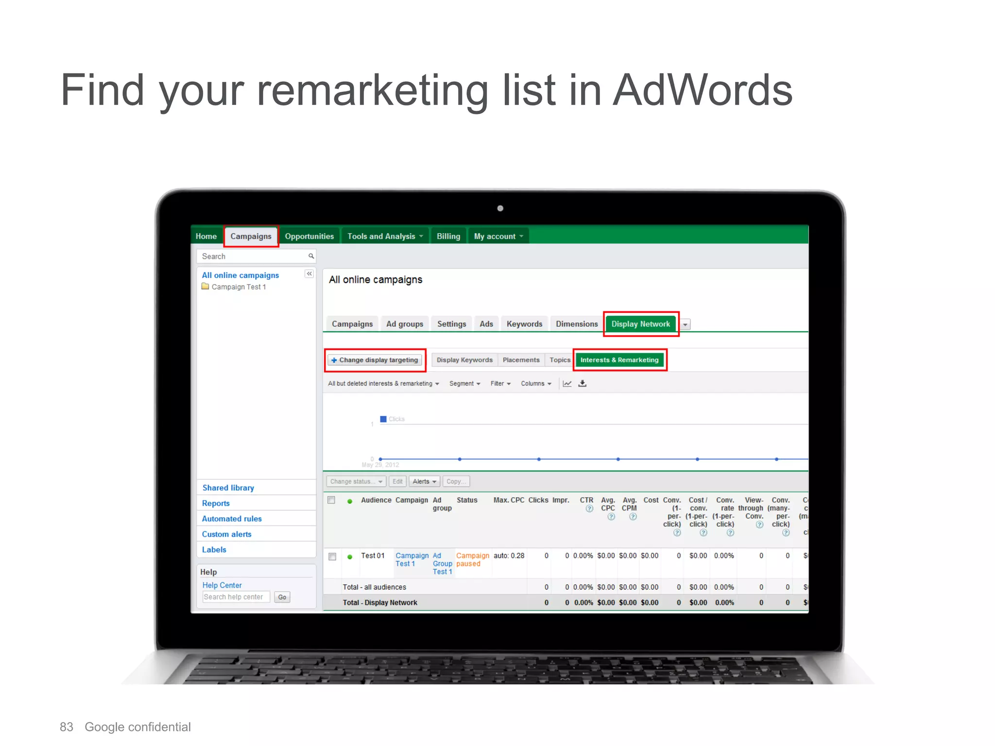 83 Google confidential
Find your remarketing list in AdWords
 