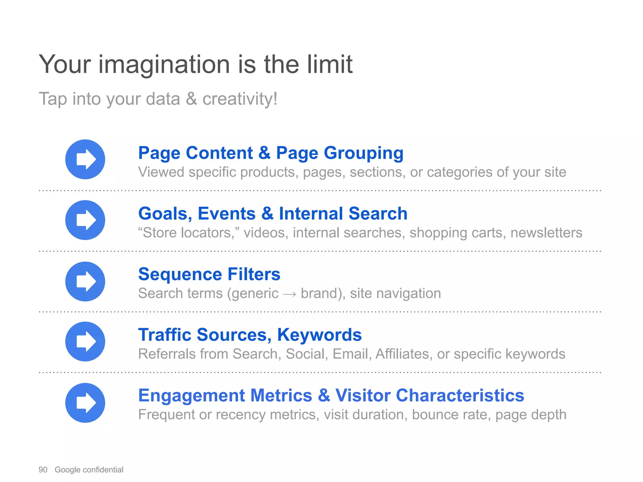 90 Google confidential
Your imagination is the limit
Tap into your data & creativity!
Page Content & Page Grouping
Viewed specific products, pages, sections, or categories of your site
Goals, Events & Internal Search
“Store locators,” videos, internal searches, shopping carts, newsletters
Sequence Filters
Search terms (generic → brand), site navigation
Traffic Sources, Keywords
Referrals from Search, Social, Email, Affiliates, or specific keywords
Engagement Metrics & Visitor Characteristics
Frequent or recency metrics, visit duration, bounce rate, page depth
 