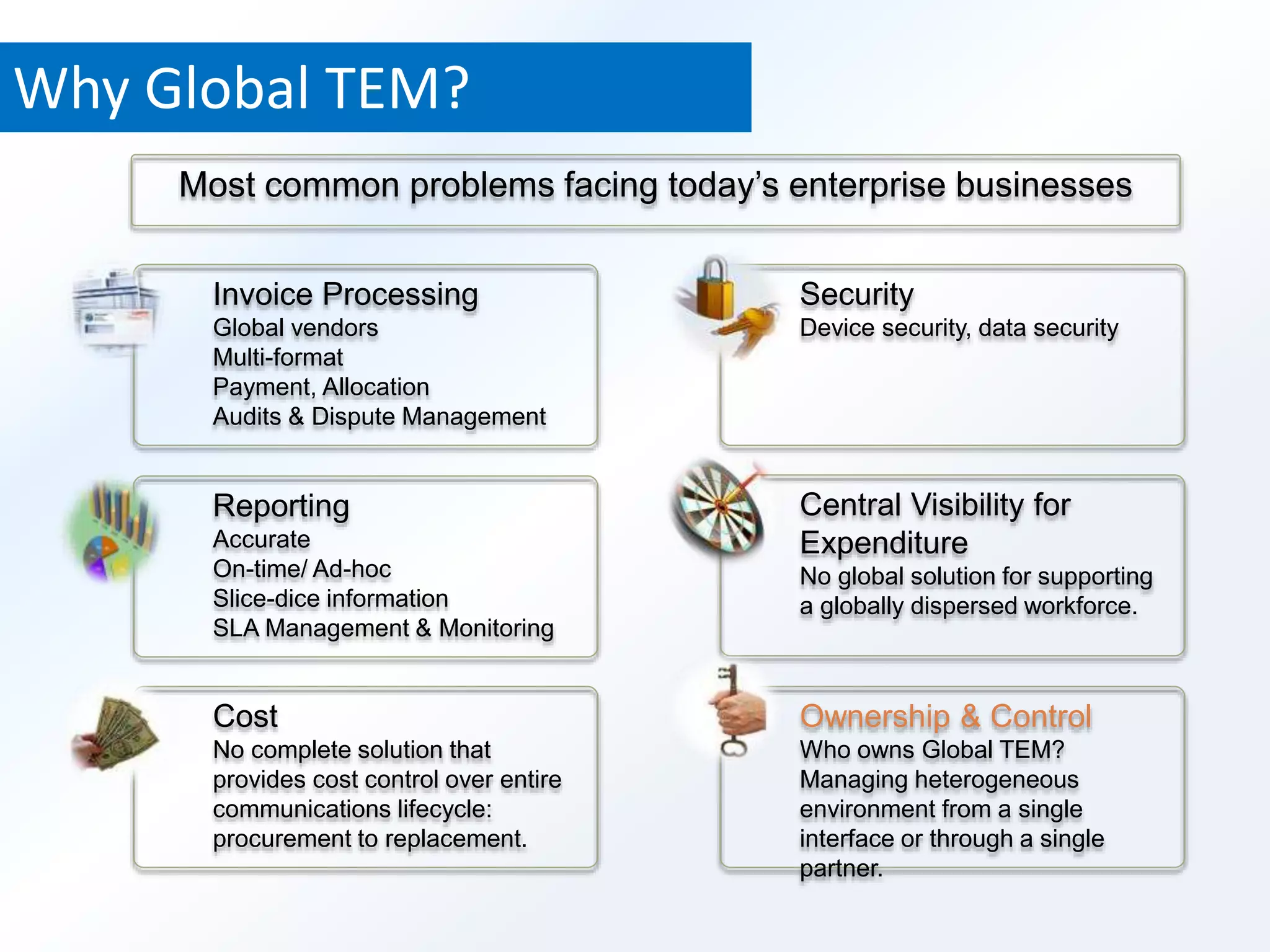 38 Most common problems facing today’s enterprise businesses 
Invoice Processing 
Global vendors 
Multi-format 
Payment, Allocation 
Audits & Dispute Management 
Reporting 
Accurate 
On-time/ Ad-hoc 
Slice-dice information 
SLA Management & Monitoring 
Cost 
No complete solution that 
provides cost control over entire 
communications lifecycle: 
procurement to replacement. 
Security 
Device security, data security 
Central Visibility for 
Expenditure 
No global solution for supporting 
a globally dispersed workforce. 
Ownership & Control 
Who owns Global TEM? 
Managing heterogeneous 
environment from a single 
interface or through a single 
partner. 
Why Global TEM? 
 