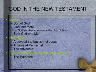 GOD IN THE NEW TESTAMENT Jesus Son of God God Incarnate God who became man at the birth of Jesus Both God and Man Holy Spirit A dove at the baptism of Jesus A flame at Pentecost The Advocate God of Abraham, Isaac, and Jacob The Patriarchs 
