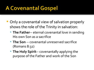Only a covenantal view of salvation properly shows the role of the Trinity in salvation: The Father -- eternal covenantal love in sending His own Son as a sacrifice The Son  -- covenantal unreserved sacrifice (Romans 8:32) The Holy Spirit -- covenantally applying the purpose of the Father and work of the Son 