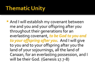 And I will establish my covenant between me and you and your offspring after you throughout their generations for an everlasting covenant,  to be God to you and to your offspring after you .  And I will give to you and to your offspring after you the land of your sojournings, all the land of Canaan, for an everlasting possession, and I will be their God. (Genesis 17.7-8) 