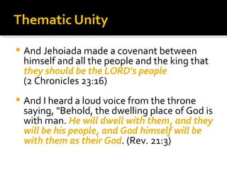And Jehoiada made a covenant between himself and all the people and the king that  they should be the LORD's people  (2 Chronicles 23:16) And I heard a loud voice from the throne saying, "Behold, the dwelling place of God is with man.  He will dwell with them, and they will be his people, and God himself will be with them as their God . (Rev. 21:3) 