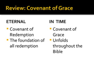 ETERNAL Covenant of Redemption The foundation of all redemption IN  TIME Covenant of Grace Unfolds throughout the Bible 