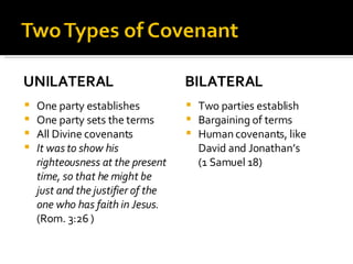 UNILATERAL One party establishes One party sets the terms All Divine covenants It was to show his righteousness at the present time, so that he might be just and the justifier of the one who has faith in Jesus.  (Rom. 3:26 ) BILATERAL Two parties establish Bargaining of terms Human covenants, like David and Jonathan’s  (1 Samuel 18) 
