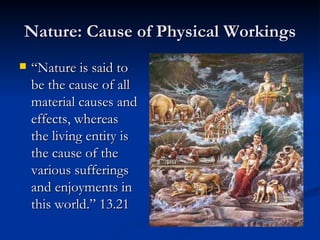 Nature: Cause of Physical Workings “Nature is said to be the cause of all material causes and effects, whereas the living entity is the cause of the various sufferings and enjoyments in this world.” 13.21 