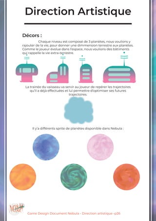 Game Design Document Nebula - Direction artistique -p26
Direction Artistique
Décors :
	 Chaque niveau est composé de 3 planètes, nous voulions y
rajouter de la vie, pour donner une dimmension terrestre aux planètes.
Comme le joueur évolue dans l’espace, nous voulions des bâtiments
qui rappelle la vie extra-terrestre.
La trainée du vaisseau va servir au joueur de repérer les trajectoires
qu’il a déjà effectuées et lui permettre d’optimiser ses futures
trajectoires.
Il y’a différents sprite de planètes disponible dans Nebula :
 