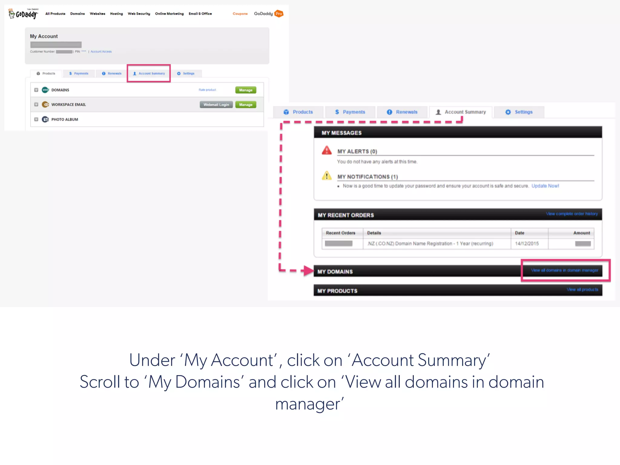 !
Under ‘My Account’, click on ‘Account Summary’
 Scroll to ‘My Domains’ and click on ‘View all domains in domain
manager’
 