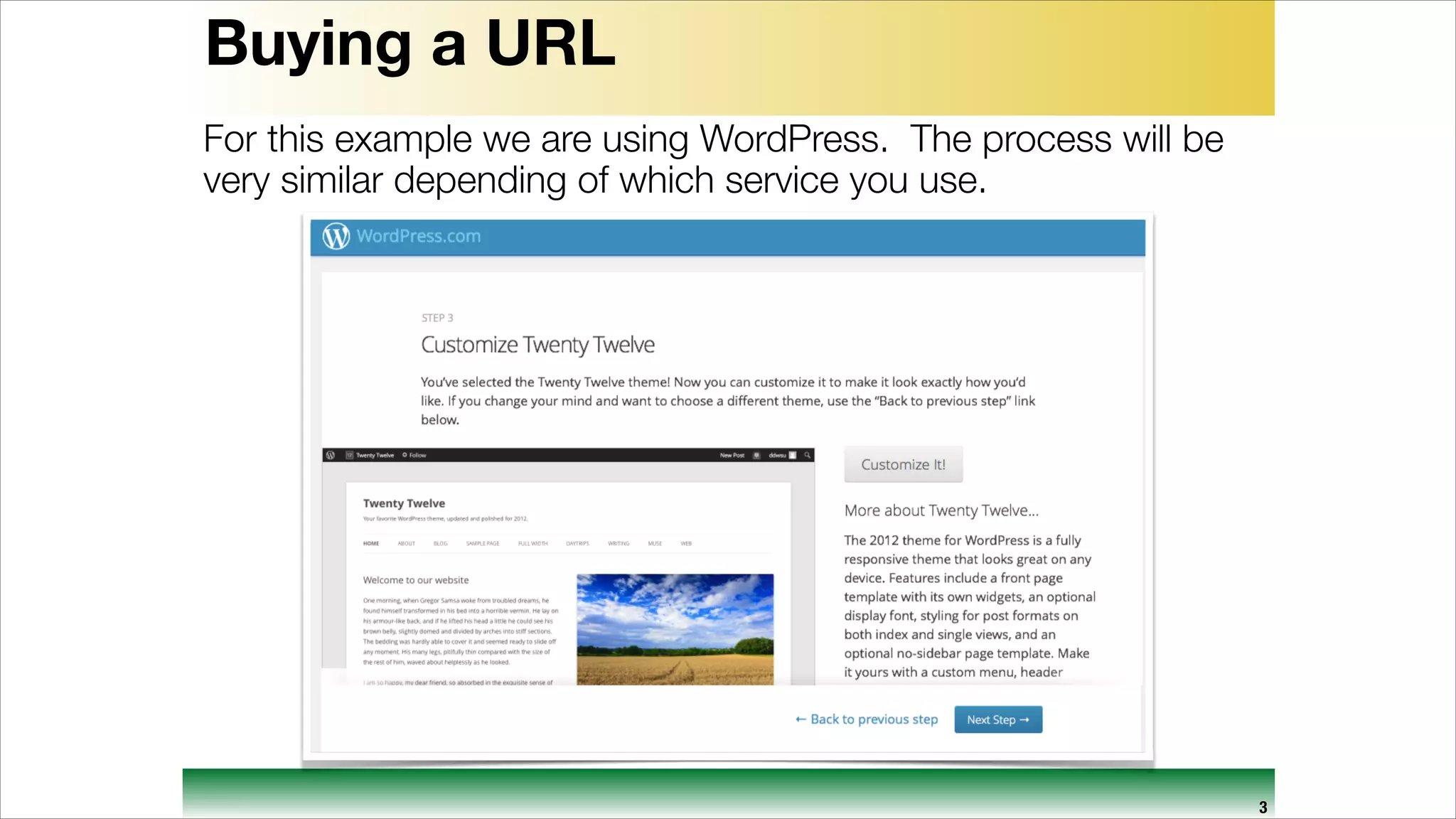 Buying a URL
For this example we are using WordPress. The process will be
very similar depending of which service you use.

3

 