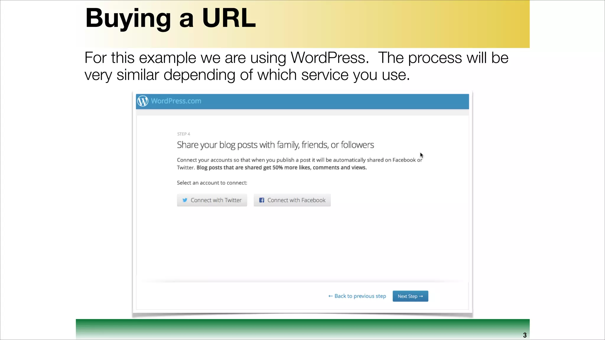 Buying a URL
For this example we are using WordPress. The process will be
very similar depending of which service you use.

3

 