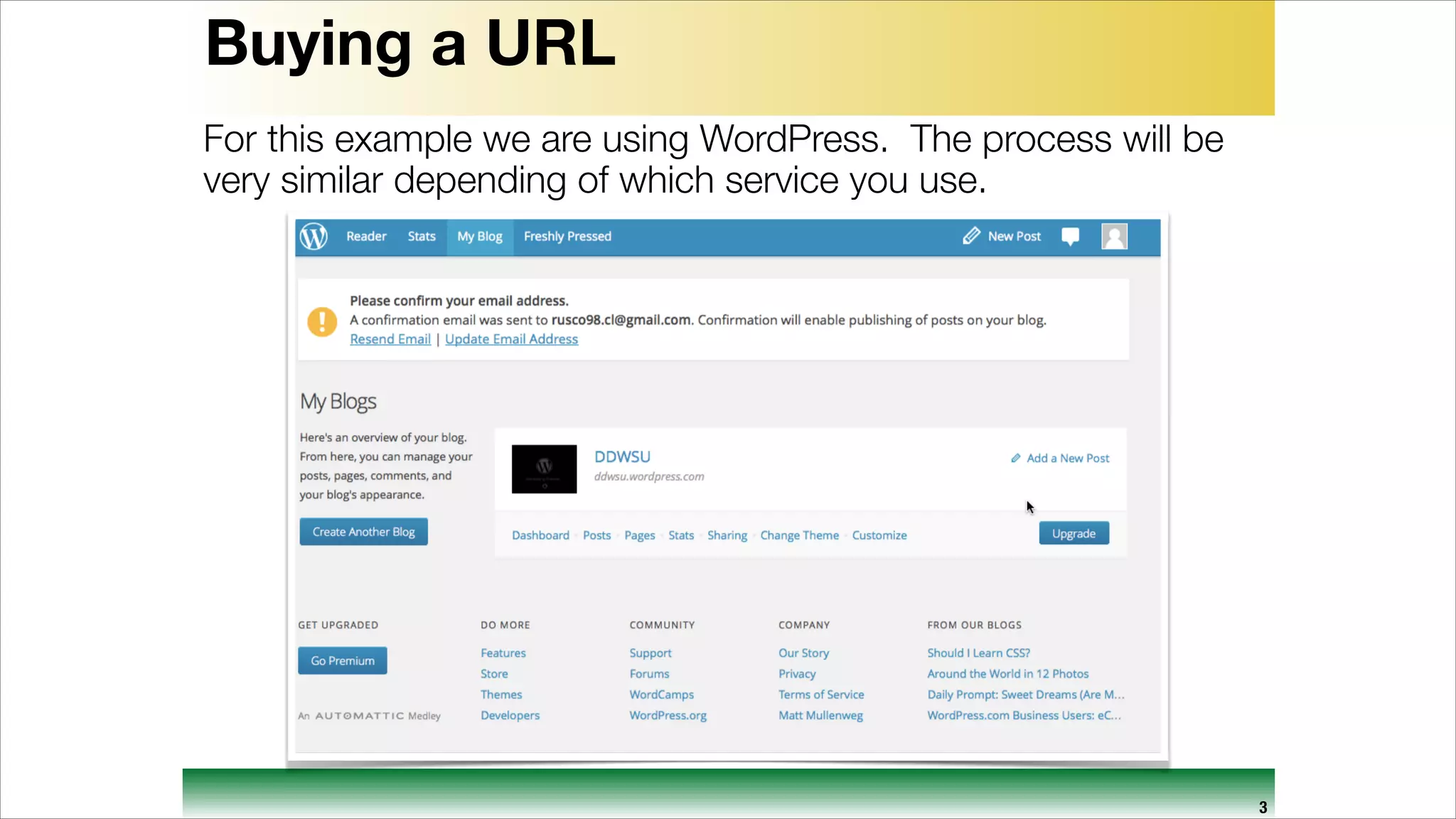 Buying a URL
For this example we are using WordPress. The process will be
very similar depending of which service you use.

3

 