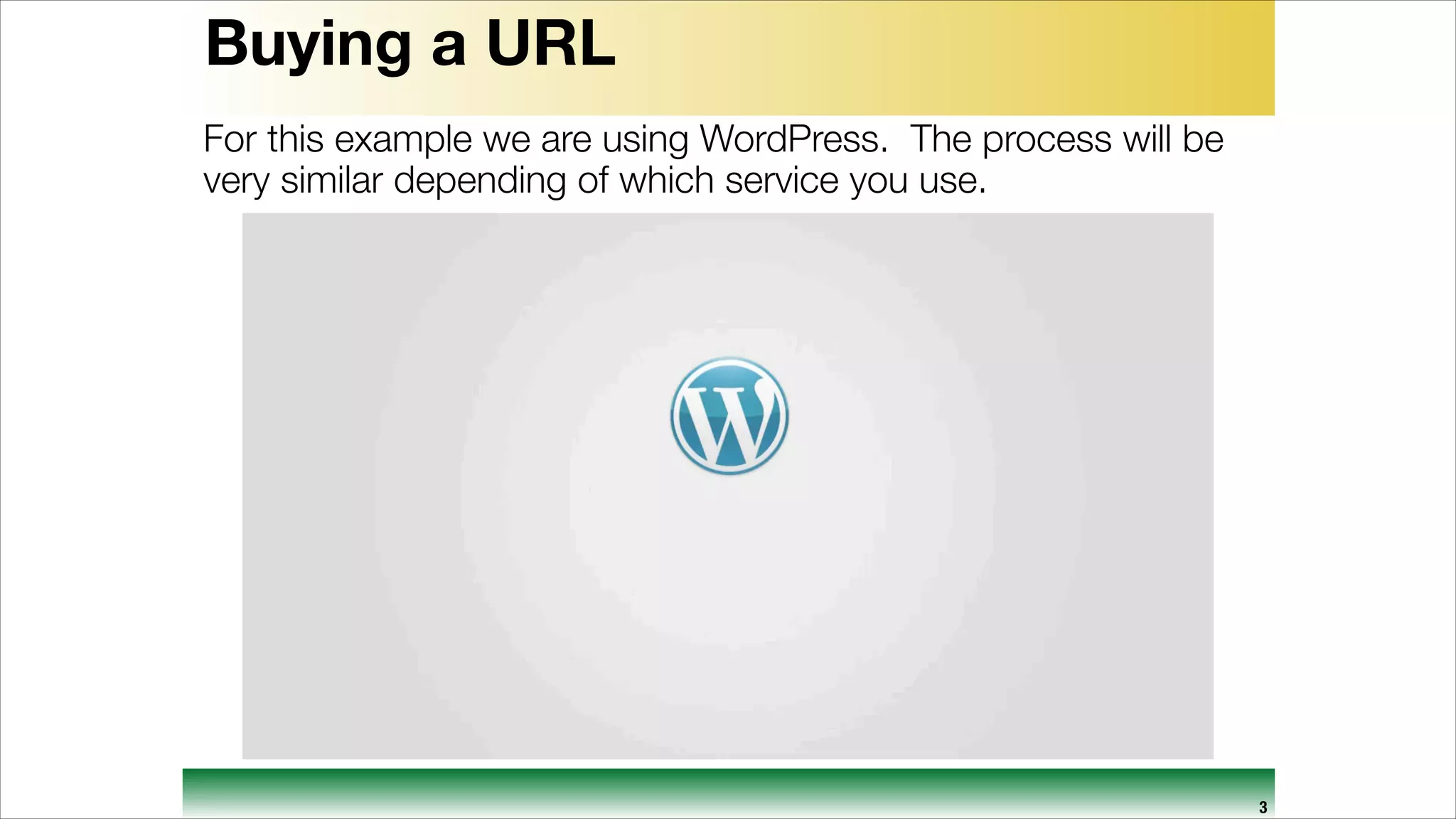 Buying a URL
For this example we are using WordPress. The process will be
very similar depending of which service you use.

3

 