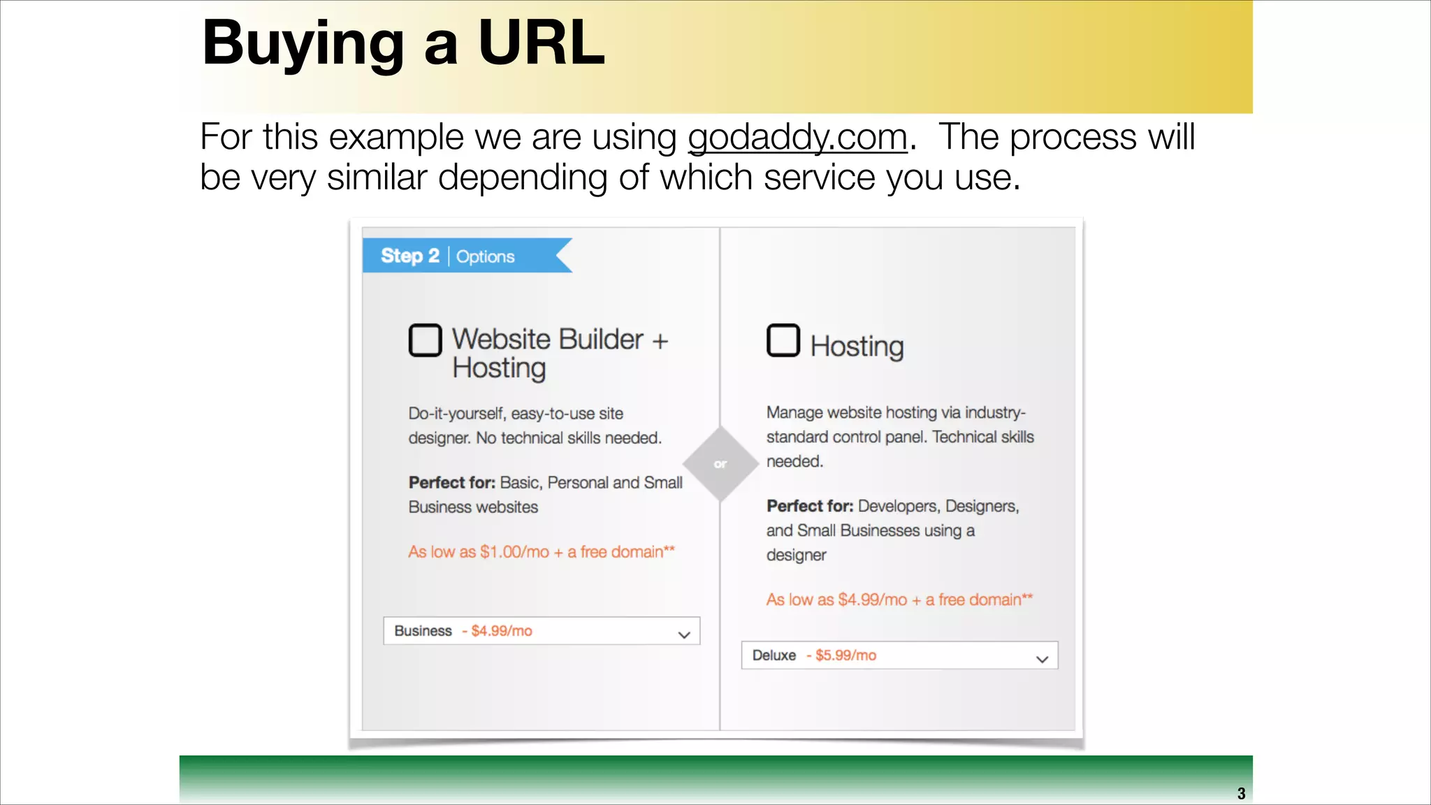 Buying a URL
For this example we are using godaddy.com. The process will
be very similar depending of which service you use.

3

 