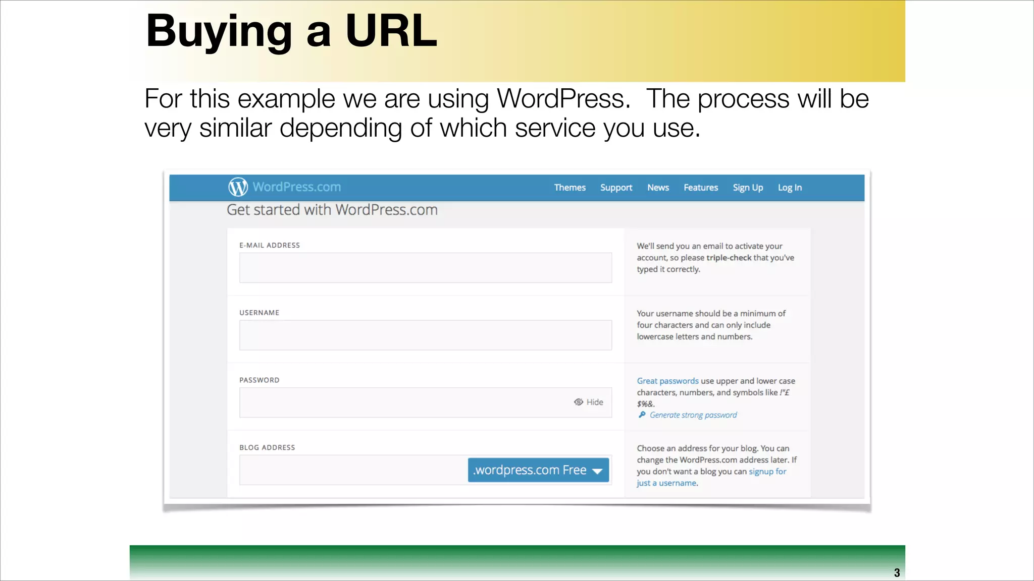 Buying a URL
For this example we are using WordPress. The process will be
very similar depending of which service you use.

3

 