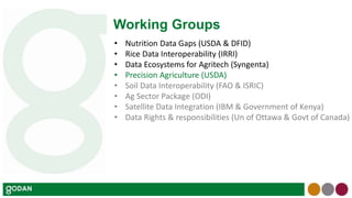 Working Groups
• Nutrition Data Gaps (USDA & DFID)
• Rice Data Interoperability (IRRI)
• Data Ecosystems for Agritech (Syngenta)
• Precision Agriculture (USDA)
• Soil Data Interoperability (FAO & ISRIC)
• Ag Sector Package (ODI)
• Satellite Data Integration (IBM & Government of Kenya)
• Data Rights & responsibilities (Un of Ottawa & Govt of Canada)
 