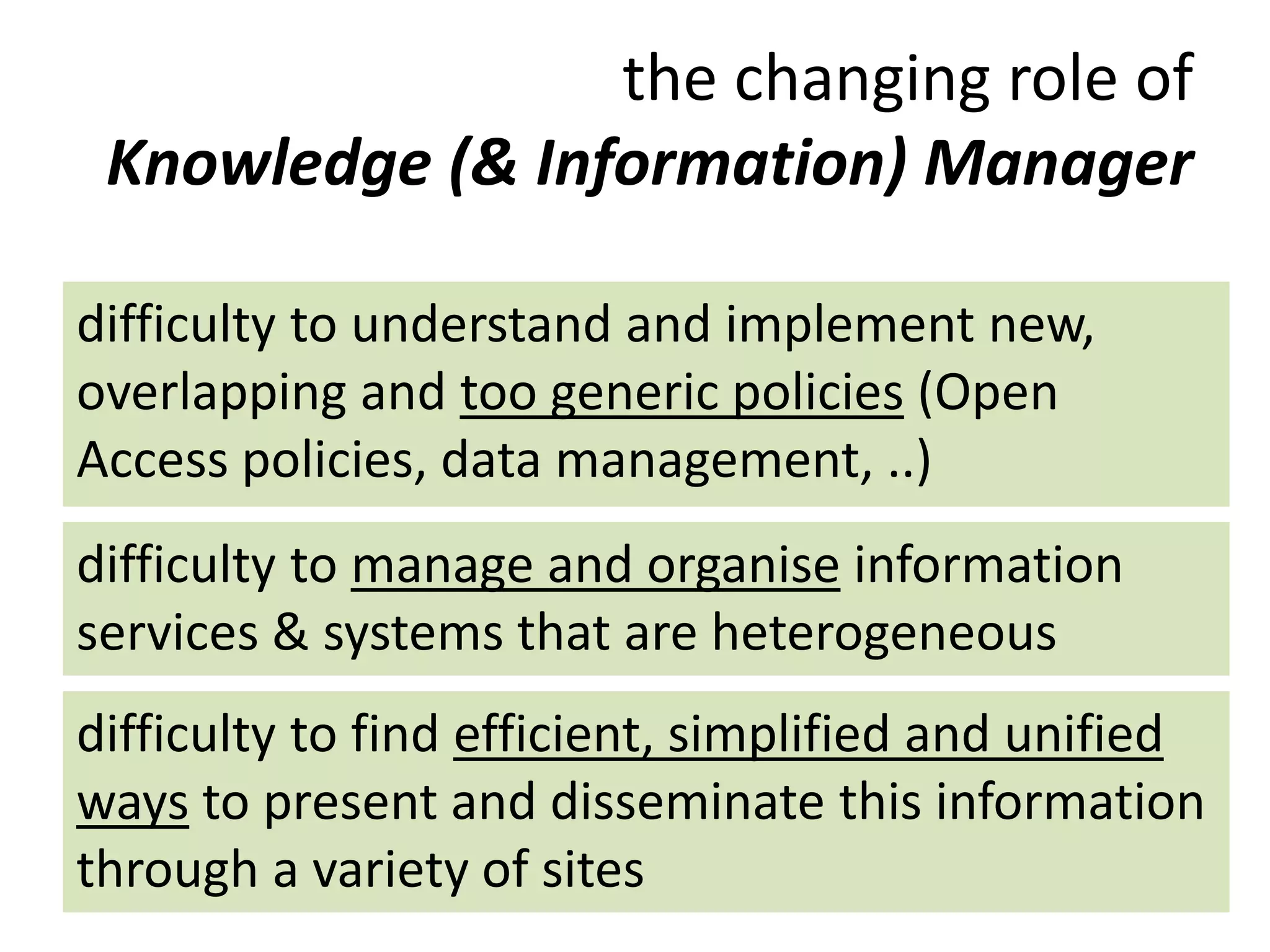 the changing role of
Knowledge (& Information) Manager
difficulty to manage and organise information
services & systems that are heterogeneous
difficulty to understand and implement new,
overlapping and too generic policies (Open
Access policies, data management, ..)
difficulty to find efficient, simplified and unified
ways to present and disseminate this information
through a variety of sites
 