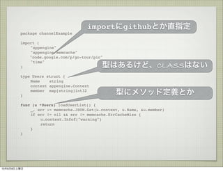 package channelExample
import (
! "appengine"
! "appengine/memcache"
"code.google.com/p/go-tour/pic"
! "time"
)
type Users struct {
! Name string
! context appengine.Context
! member map[string]int32
}
func (u *Users) loadUserList() {
! _, err := memcache.JSON.Get(u.context, u.Name, &u.member)
! if err != nil && err != memcache.ErrCacheMiss {
! ! u.context.Infof("warning")
! ! return
! }
}
ͤϤ뤱ɡCLASSϤʤ
ͤ˥᥽åɶxȤ
importgithubȤֱָ
1368
 