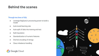 Through two lines of SQL
● Leverage BigQuery’s processing power to build a
model
● Auto-tuned learning rate
● Auto-split of data into training and test
● Null imputation
● Standardization of numeric features
● One-hot encoding of strings
● Class imbalance handling
Behind the scenes
 