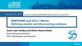 June 22 – 27, 2017
BIBFRAME and OCLC Works:
Defining models and discovering evidence
Carol Jean Godby and Diane Vizine-Goetz
Senior Research Scientists
OCLC Membership and Research
Library of Congress BIBFRAME Update Session. 26 June 2017
 