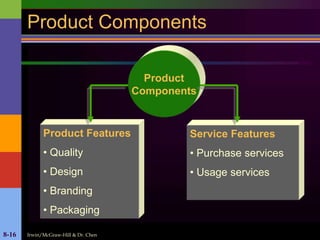 Irwin/McGraw-Hill & Dr. Chen8-16
Product Components
Product
Components
Product Features
• Quality
• Design
• Branding
• Packaging
Service Features
• Purchase services
• Usage services
 