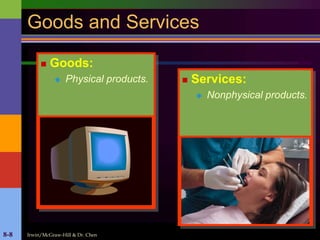 Irwin/McGraw-Hill & Dr. Chen8-8
Goods and Services
 Goods:
 Physical products.  Services:
 Nonphysical products.
 