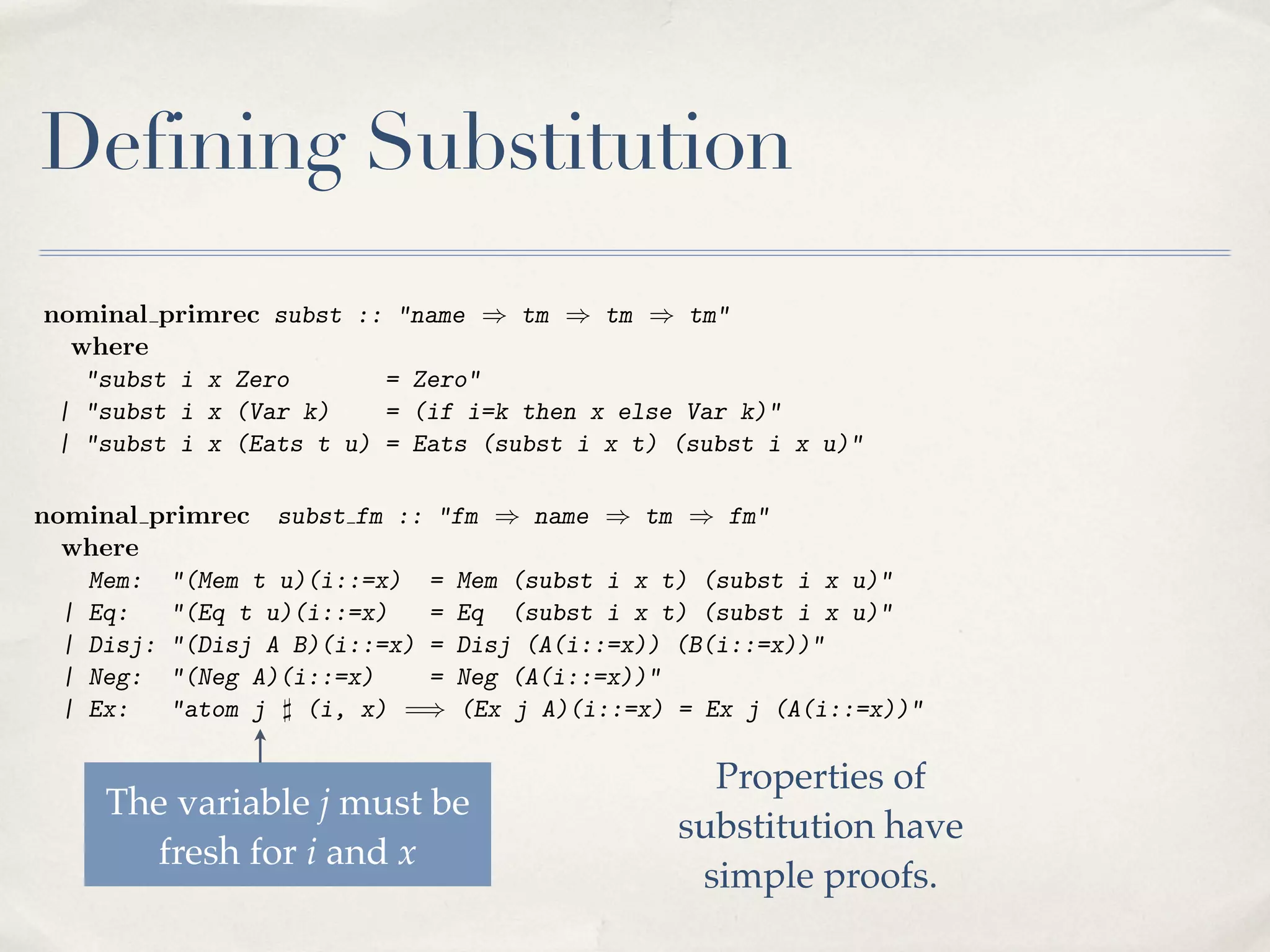 The HF calculus includes an existential quantiﬁer, denoted Ex, which involves
variable binding via the nominal framework. The inﬁxr declarations provide
an alternative syntax for the membership relation, the equality relation, and
disjunction. A formula can also be a negation. The other logical connectives
are introduced later as abbreviations.
Substitution is often problematical to formalise, but here it is straightforward. Substitution of a term x for a variable i is deﬁned as follows:

Defining Substitution

nominal primrec subst :: "name ) tm ) tm ) tm"
where
"subst i x Zero
= Zero"
For substitution within a formula, we normally expect issues concerning
| "subst i x (Var k)
= (if i=k then x else Var k)"
the "subst iofx a(Eats t variable. Note that thet) (subst substituting the
bound u) = Eats (subst i x result of i x u)"
| capture
term x for the variable i in the formula A is written A(i::=x).

1
nominal primrec subst fm :: "fm ) name ) tm ) fm"
where
Mem: "(Mem t u)(i::=x) = Mem (subst i x t) (subst i x u)"
| Eq:
"(Eq t u)(i::=x)
= Eq (subst i x t) (subst i x u)"
| Disj: "(Disj A B)(i::=x) = Disj (A(i::=x)) (B(i::=x))"
| Neg: "(Neg A)(i::=x)
= Neg (A(i::=x))"
| Ex:
"atom j ] (i, x) =) (Ex j A)(i::=x) = Ex j (A(i::=x))"
Substitution is again straightforward in the ﬁrst four cases (membership,
Properties of
equality, disjunction, negation). be the existential case, the precondition
In
The variable j must
atom j ] (i, x) (pronounced “j is fresh for i and xsubstitution have
”) essentially says that
fresh di↵erent names
i and j must be for i and x with j not free in x. We do not need to
simple proofs.
supply a mechanism for renaming the bound variable, as that is part of the
nominal framework, which in most cases will choose a su ciently fresh bound

 