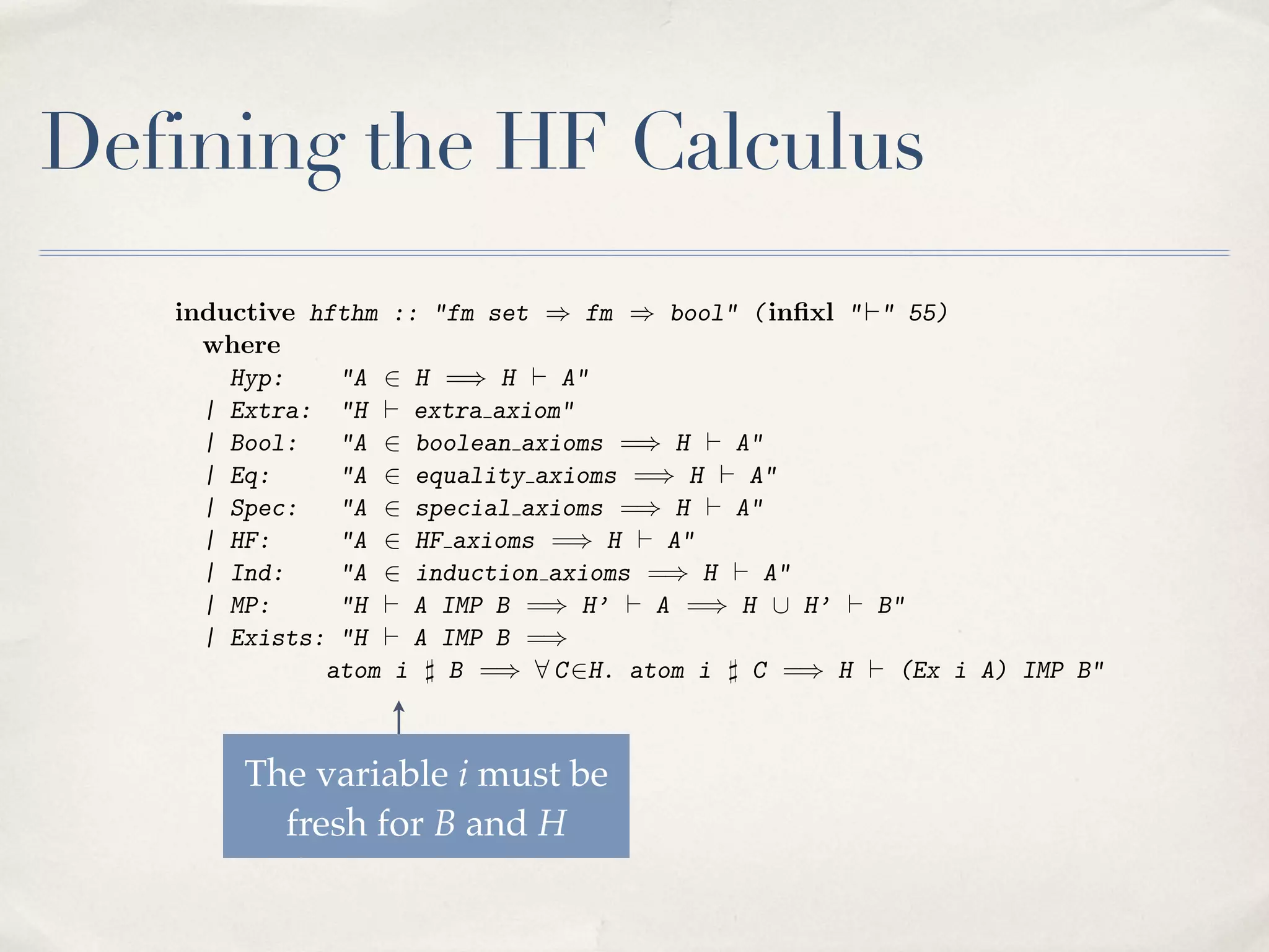 supply a mechanism for renaming the bound variable, as that is part of the
nominal framework, which in most cases will choose a su ciently fresh bound
variable at the outset. The usual properties of substitution (commutativity,
for example) have simple proofs by induction on formulas. In contrast, ?)
needed to combine three substitution lemmas in a simultaneous proof by
induction, a delicate argument involving 1900 lines of Coq.
The HF proof system is an inductively deﬁned predicate, where H ` A
means that the formula A is provable from the set of formulas H .

Defining the HF Calculus

inductive hfthm :: "fm set ) fm ) bool" ( inﬁxl " `" 55)
where
Hyp:
"A 2 H =) H ` A"
| Extra: "H ` extra axiom"
| Bool:
"A 2 boolean axioms =) H ` A"
| Eq:
"A 2 equality axioms =) H ` A"
| Spec:
"A 2 special axioms =) H ` A"
| HF:
"A 2 HF axioms =) H ` A"
| Ind:
"A 2 induction axioms =) H ` A"
| MP:
"H ` A IMP B =) H’ ` A =) H [ H’ ` B"
| Exists: "H ` A IMP B =)
atom i ] B =) 8 C 2H. atom i ] C =) H ` (Ex i A) IMP B"

Note that the existential rule is subject to the condition that the bound
variable, i, is fresh with respect to B and the formulas in H . The deﬁnitions
The variable i must be
of boolean axioms, etc., are taken from ?). He formalised a simpler inference
system, with theorems of the H
fresh for B and form ` A, but introducing H allows a proof of
the deduction theorem and the derivation of a sort of sequent calculus. This
is essential if we are to conduct proofs in this formal calculus.

 