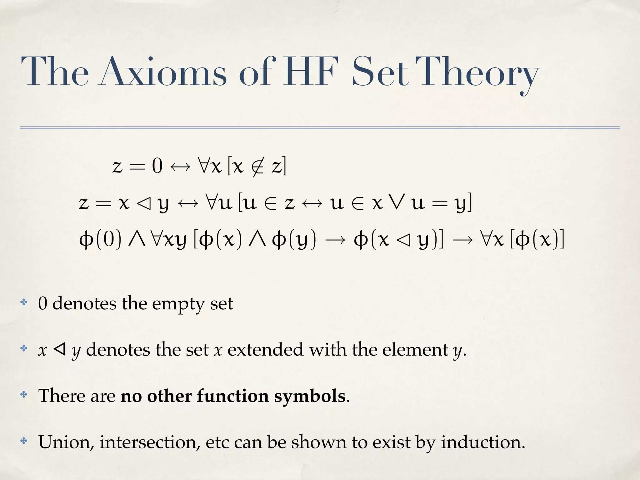The Axioms of HF Set Theory

✤

0 denotes the empty set

✤

x ◁ y denotes the set x extended with the element y.

✤

There are no other function symbols.

✤

Union, intersection, etc can be shown to exist by induction.

 