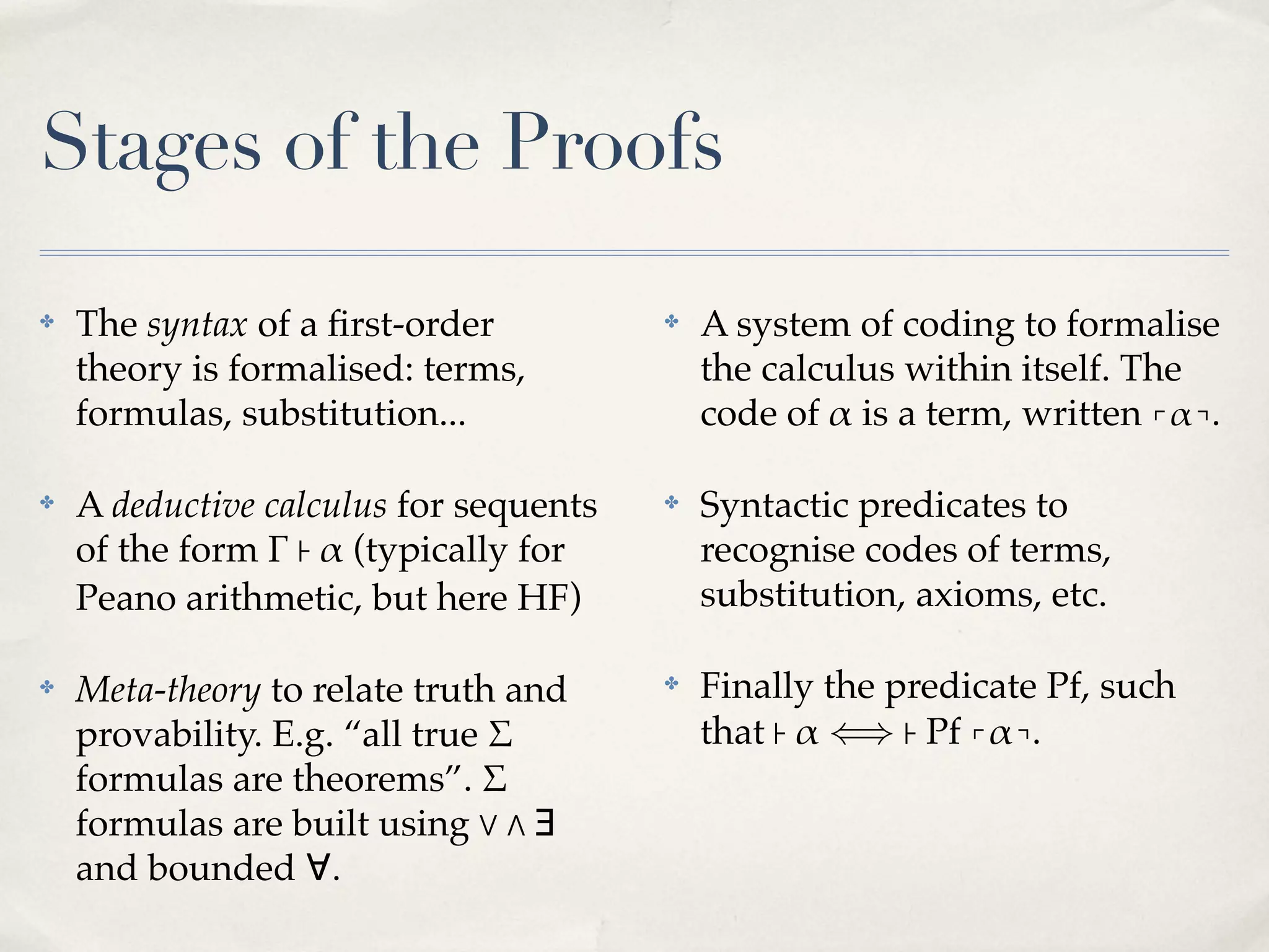 Stages of the Proofs
✤

The syntax of a ﬁrst-order
theory is formalised: terms,
formulas, substitution...

✤

A system of coding to formalise
the calculus within itself. The
code of # is a term, written ⌜#⌝.

✤

A deductive calculus for sequents
of the form " ⊦ # (typically for
Peano arithmetic, but here HF)

✤

Syntactic predicates to
recognise codes of terms,
substitution, axioms, etc.

✤

Meta-theory to relate truth and
provability. E.g. “all true $
formulas are theorems”. $
formulas are built using % & ∃
and bounded ∀.

✤

Finally the predicate Pf, such
that ⊦ # ⟺ ⊦ Pf ⌜#⌝.

 