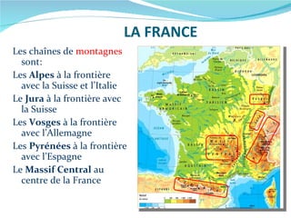 LA FRANCE Les chaînes de  montagnes  sont: Les  Alpes  à la frontière avec la Suisse et l’Italie Le  Jura  à la frontière avec la Suisse Les  Vosges  à la frontière avec l’Allemagne Les  Pyrénées  à la frontière avec l’Espagne Le  Massif Central  au centre de la France 