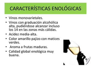 CARACTERÍSTICAS ENOLÓGICAS<br />Vinos monovarietales.<br />Vinos con graduación alcohólica alta, pudiéndose alcanzar inclu...