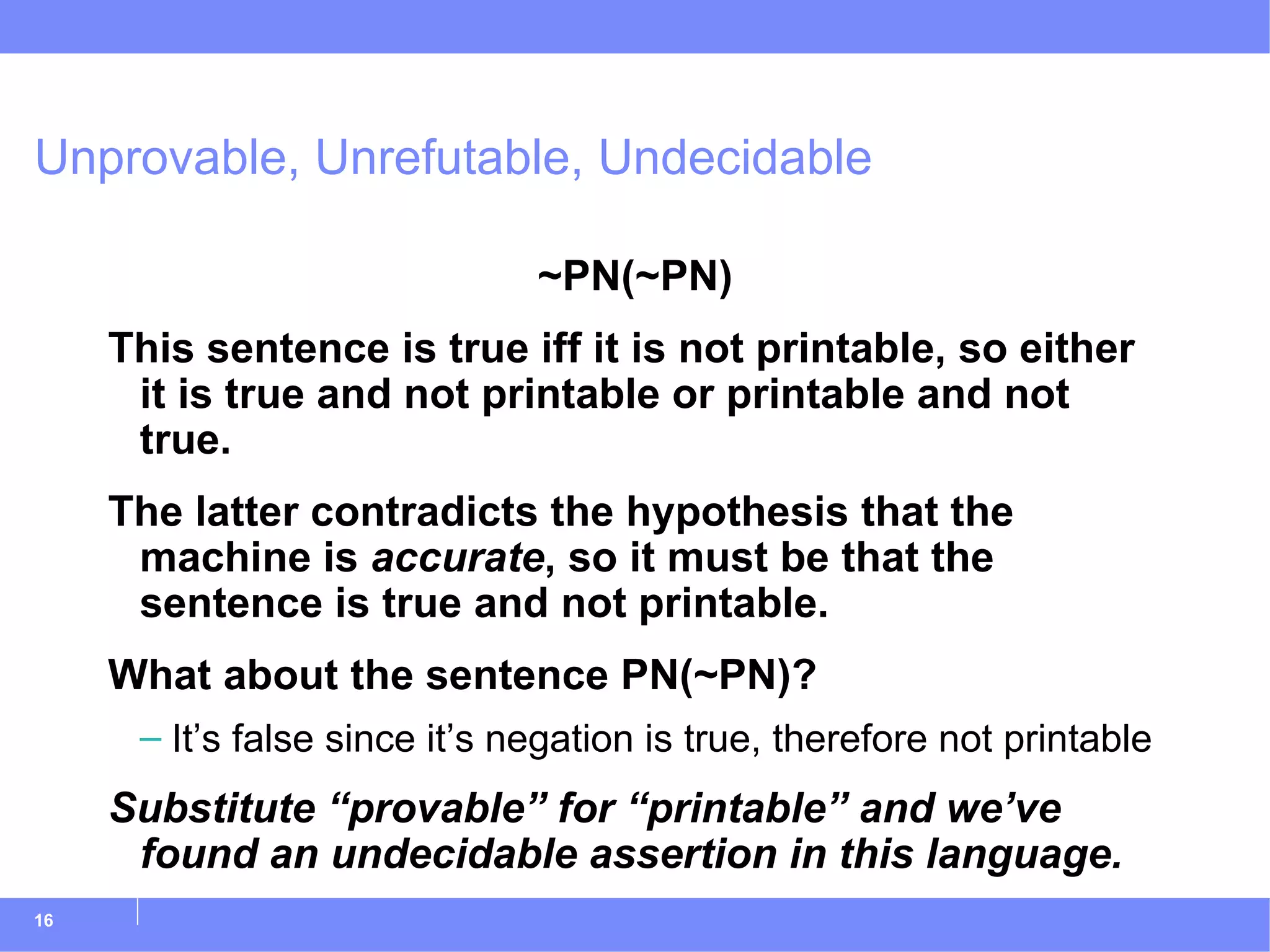 Unprovable, Unrefutable, Undecidable ~PN(~PN) This sentence is true iff it is not printable, so either it is true and not printable or printable and not true. The latter contradicts the hypothesis that the machine is  accurate , so it must be that the sentence is true and not printable. What about the sentence PN(~PN)? It’s false since it’s negation is true, therefore not printable Substitute “provable” for “printable” and we’ve found an undecidable assertion in this language. 