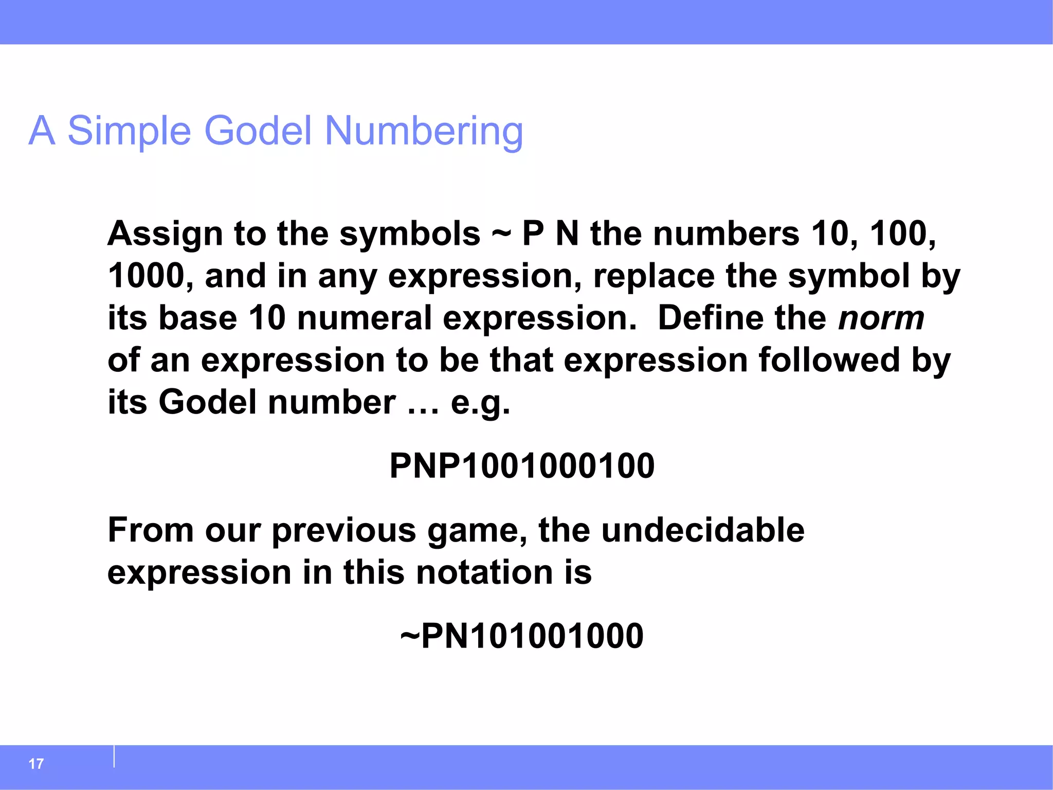 A Simple Godel Numbering Assign to the symbols ~ P N the numbers 10, 100, 1000, and in any expression, replace the symbol by its base 10 numeral expression.  Define the  norm  of an expression to be that expression followed by its Godel number … e.g. PNP1001000100 From our previous game, the undecidable expression in this notation is ~PN101001000 
