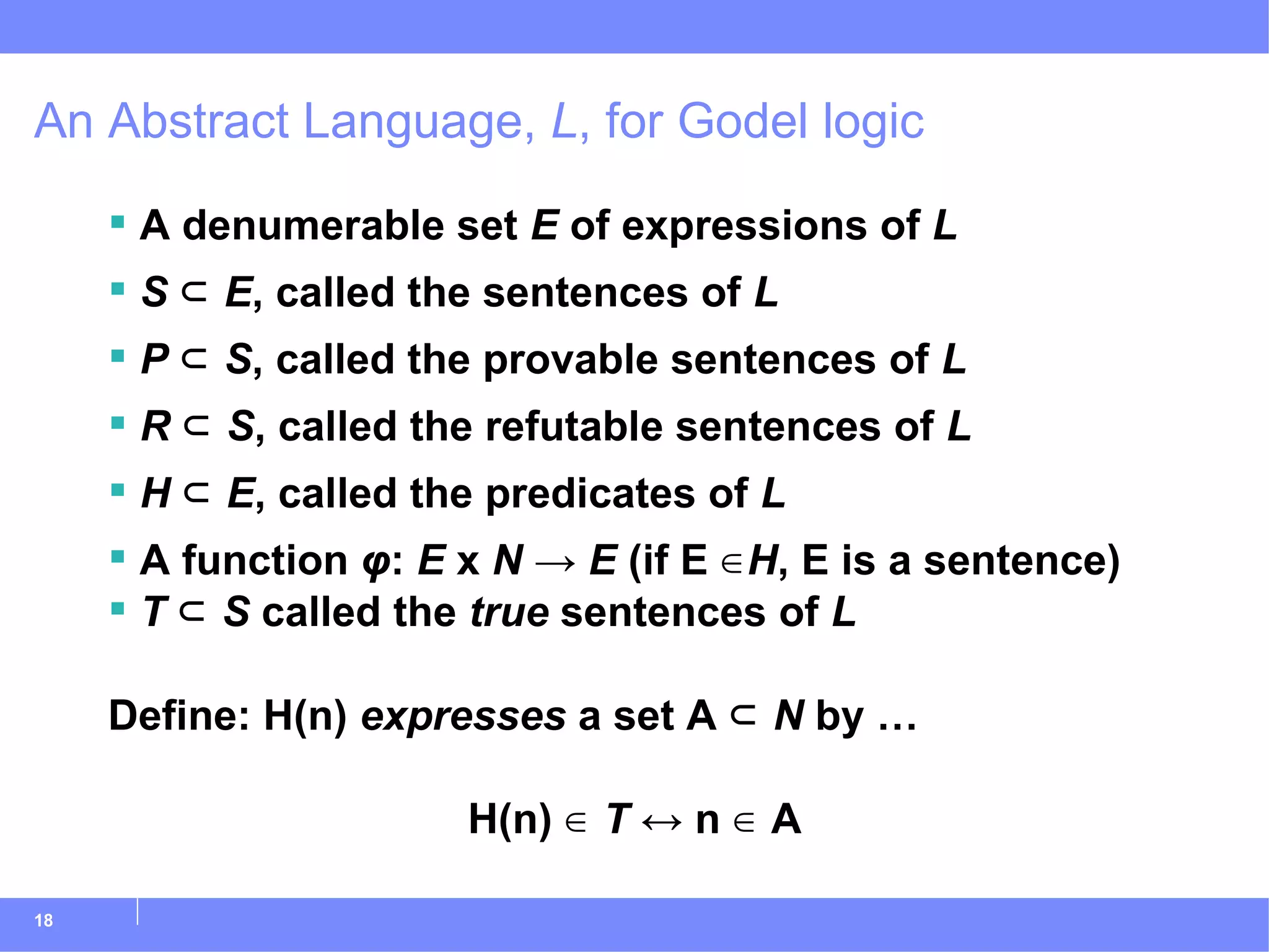 An Abstract Language,  L , for Godel logic A denumerable set  E  of expressions of  L S  ⊂  E , called the sentences of  L P  ⊂  S , called the provable sentences of  L R  ⊂  S , called the refutable sentences of  L H  ⊂  E , called the predicates of  L A function  φ :  E  x  N -> E  (if E ∈ H , E is a sentence) T  ⊂  S  called the  true  sentences of  L Define: H(n)  expresses  a set A ⊂  N  by … H(n) ∈  T  ↔ n ∈ A 