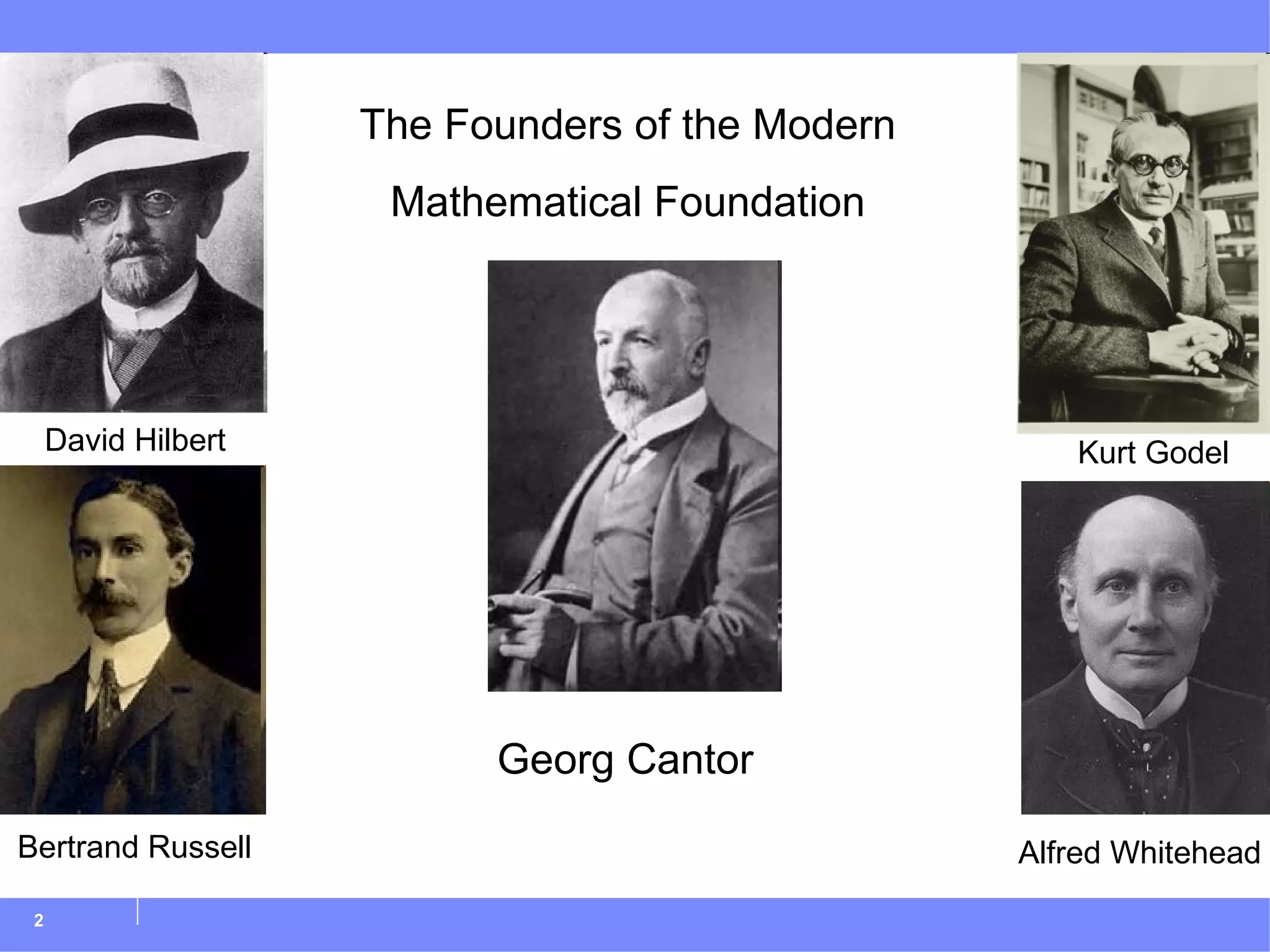 David Hilbert Kurt Godel Bertrand Russell Alfred Whitehead Georg Cantor The Founders of the Modern Mathematical Foundation 