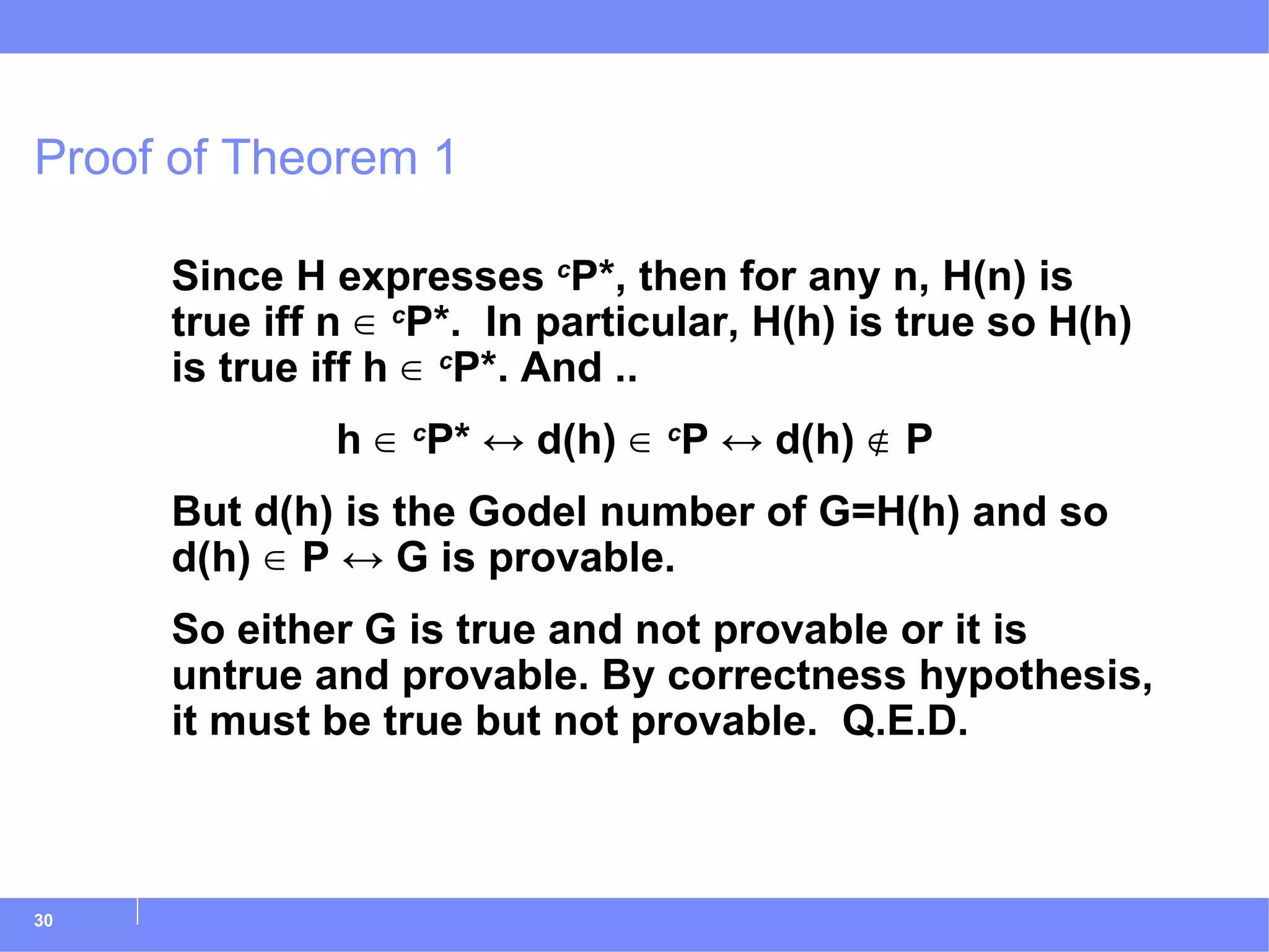 Proof of Theorem 1 Since H expresses  c P*, then for any n, H(n) is true iff n ∈  c P*.  In particular, H(h) is true so H(h) is true iff h ∈  c P*. And .. h ∈  c P*  ↔  d(h) ∈  c P  ↔  d(h) ∉ P But d(h) is the Godel number of G=H(h) and so d(h) ∈ P  ↔  G is provable. So either G is true and not provable or it is untrue and provable. By correctness hypothesis, it must be true but not provable.  Q.E.D.  