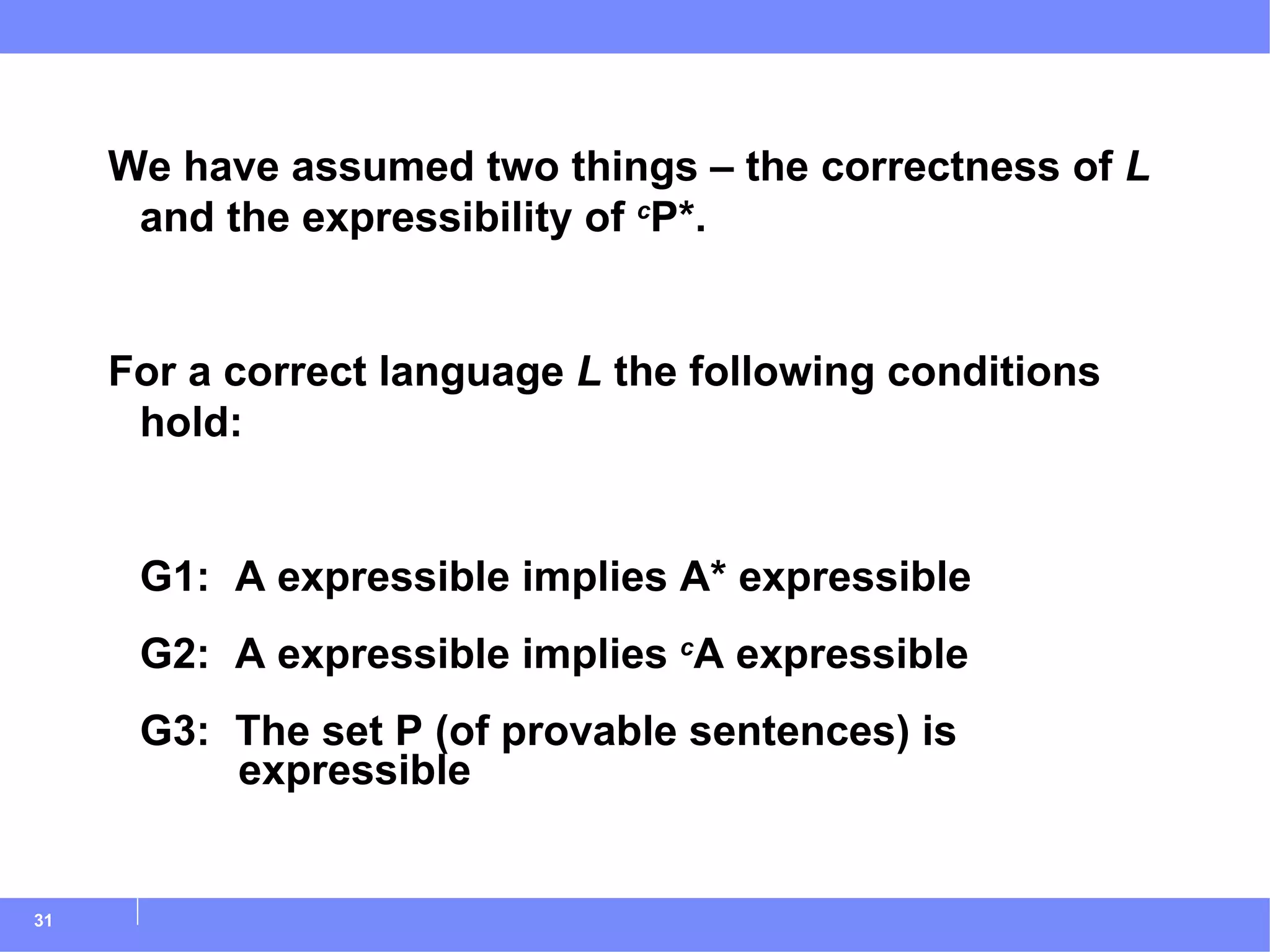We have assumed two things – the correctness of  L  and the expressibility of  c P*. For a correct language  L  the following conditions hold: G1: A expressible implies A* expressible G2: A expressible implies  c A expressible G3: The set P (of provable sentences) is expressible 