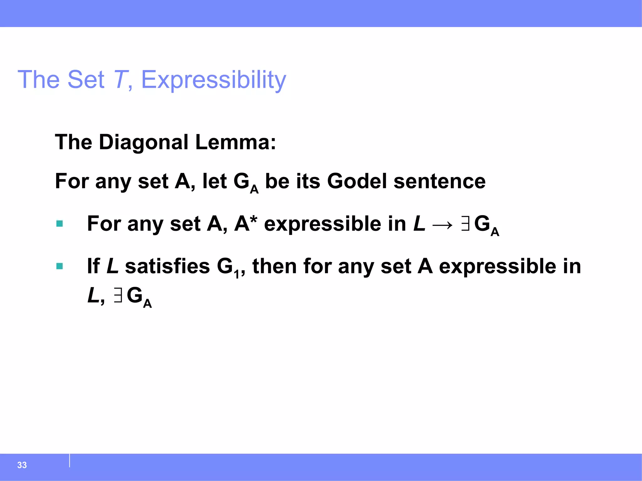 The Set  T , Expressibility The Diagonal Lemma: For any set A, let G A  be its Godel sentence For any set A, A* expressible in  L  -> ∃G A If  L  satisfies G 1 , then for any set A expressible in  L , ∃G A 
