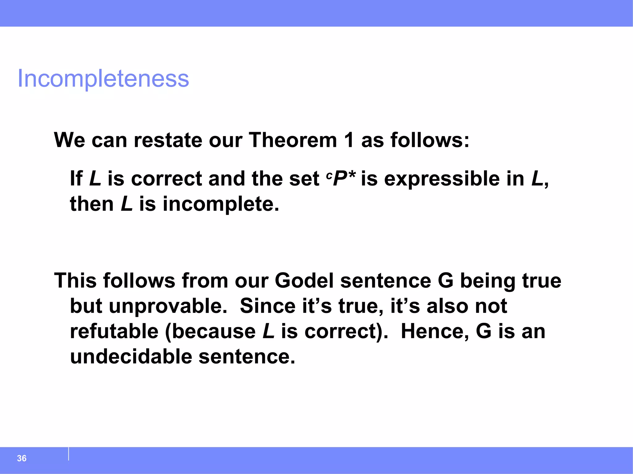 Incompleteness We can restate our Theorem 1 as follows: If  L  is correct and the set  c P*  is expressible in  L , then  L  is incomplete. This follows from our Godel sentence G being true but unprovable.  Since it’s true, it’s also not refutable (because  L  is correct).  Hence, G is an undecidable sentence. 