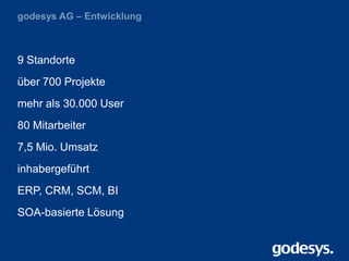 ERP Forum 2013
9 Standorte
über 700 Projekte
mehr als 30.000 User
80 Mitarbeiter
7,5 Mio. Umsatz
inhabergeführt
ERP, CRM, SCM, BI
SOA-basierte Lösung
 